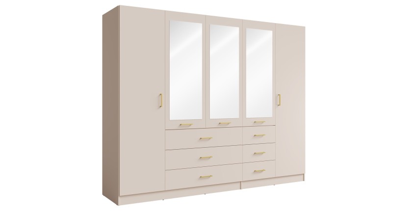 Armoire KALISTA 250 cm beige sable avec miroirs et 6 tiroirs