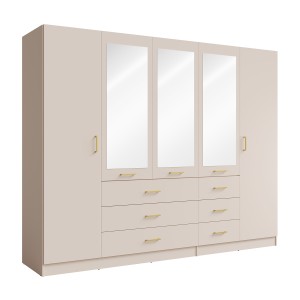 Armoire KALISTA 250 cm beige sable avec miroirs et 6 tiroirs