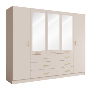 Armoire KALISTA 250 cm beige sable avec miroirs et 6 tiroirs