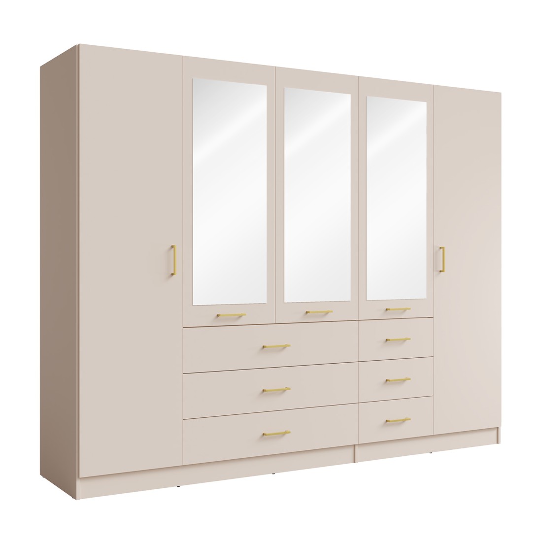 Armoire KALISTA 250 cm beige sable avec miroirs et 6 tiroirs