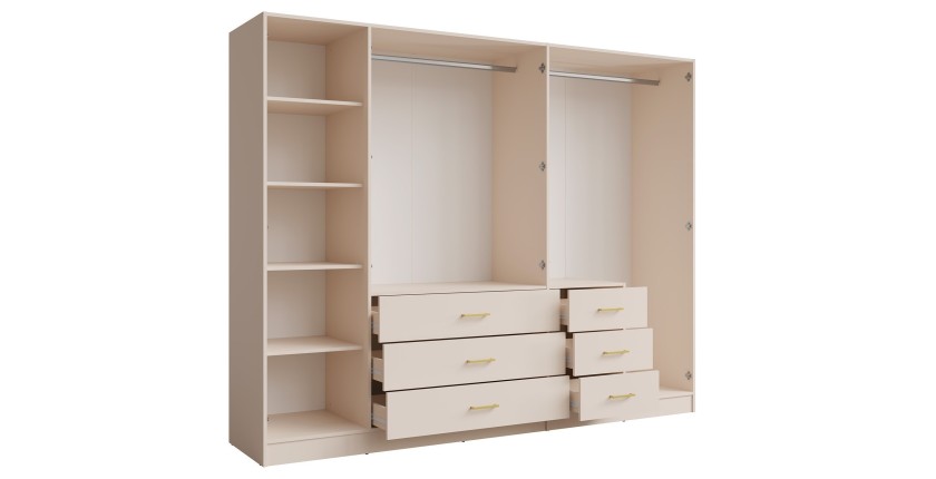 Armoire KALISTA 250 cm beige sable avec miroirs et 6 tiroirs