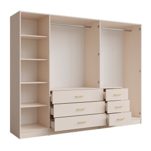 Armoire KALISTA 250 cm beige sable avec miroirs et 6 tiroirs