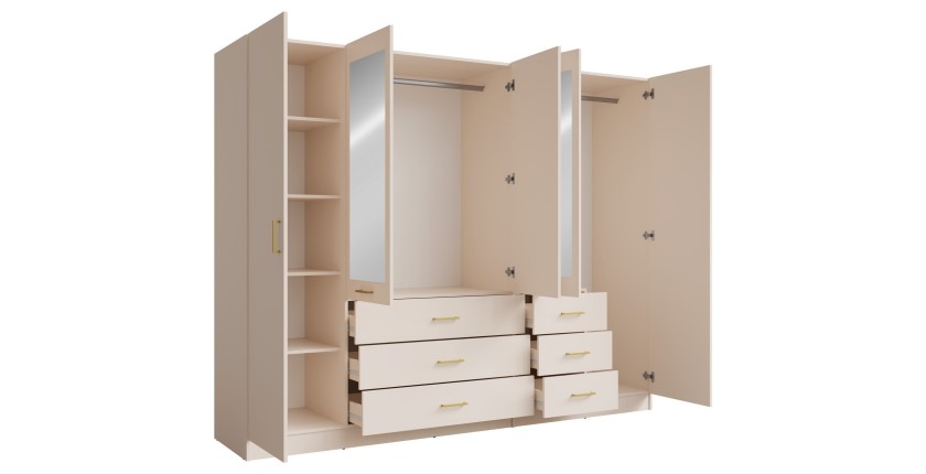 Armoire KALISTA 250 cm beige sable avec miroirs et 6 tiroirs