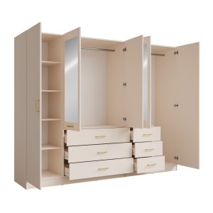 Armoire KALISTA 250 cm beige sable avec miroirs et 6 tiroirs