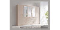 Armoire KALISTA 250 cm beige sable avec miroirs et 6 tiroirs
