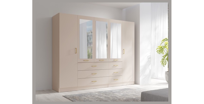 Armoire KALISTA 250 cm beige sable avec miroirs et 6 tiroirs