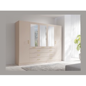 Armoire KALISTA 250 cm beige sable avec miroirs et 6 tiroirs