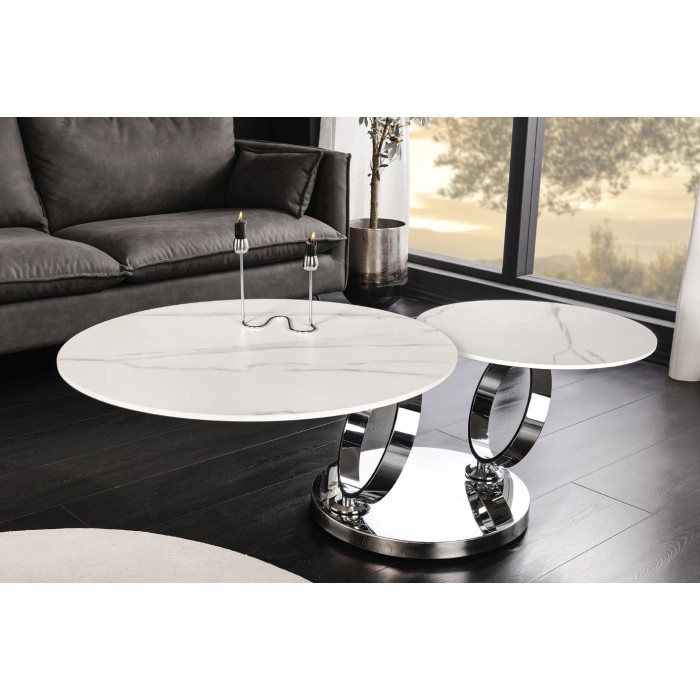 Table basse SOLYNE avec plateaux effet marbre blanc mise en situation