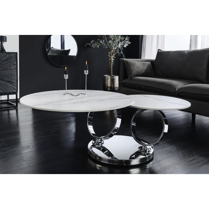 Table basse SOLYNE avec plateaux effet marbre blanc vue de face