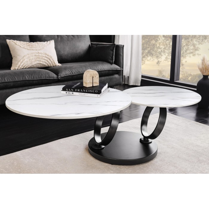 Table basse SOLYNE avec plateaux effet marbre blanc et pieds noir vue de haut