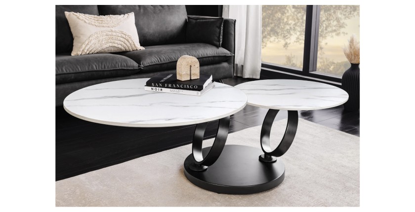 Table basse SOLYNE avec plateaux effet marbre blanc et pieds noir vue de haut