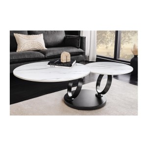 Table basse SOLYNE avec plateaux effet marbre blanc et pieds noir vue de haut
