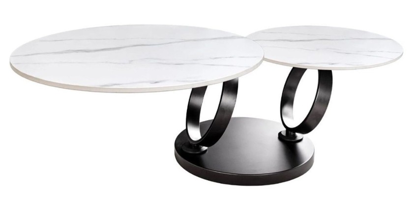 Table basse SOLYNE avec plateaux effet marbre blanc et pieds noir