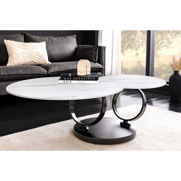Table basse SOLYNE avec plateaux effet marbre blanc et pieds noir vue de face