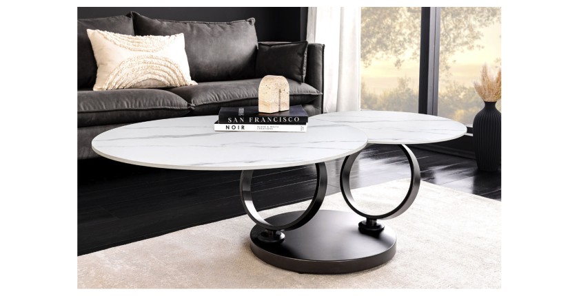 Table basse SOLYNE avec plateaux effet marbre blanc et pieds noir vue de face