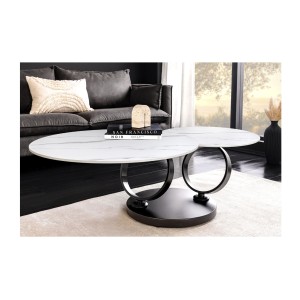 Table basse SOLYNE avec plateaux effet marbre blanc et pieds noir vue de face