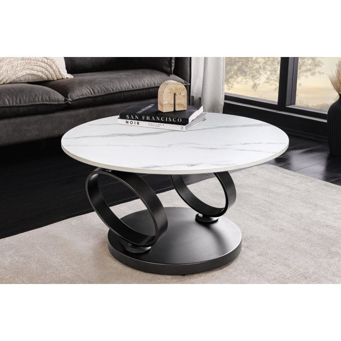 Table basse SOLYNE avec un seul plateau effet marbre blanc et pieds noir