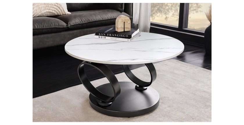 Table basse SOLYNE avec un seul plateau effet marbre blanc et pieds noir