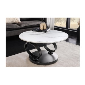 Table basse SOLYNE avec un seul plateau effet marbre blanc et pieds noir