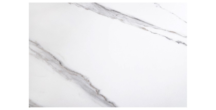 Zoom sur le motif de la table basse SOLYNE avec plateaux effet marbre blanc et pieds noir