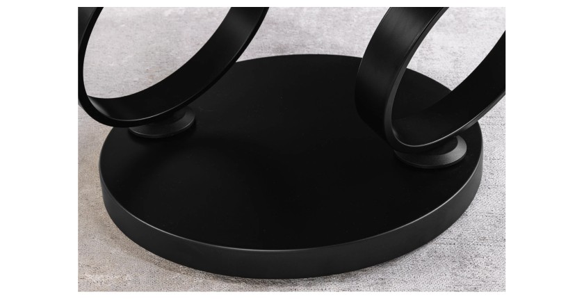 Zoom sur les anneaux de la table basse SOLYNE avec plateaux effet marbre blanc et pieds noir