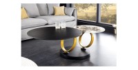 Table basse SOLYNE avec plateaux noir et marbre, anneaux dorés mise en situation