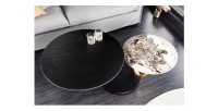 Table basse SOLYNE avec plateaux noir et marbre, anneaux dorés vue de haut