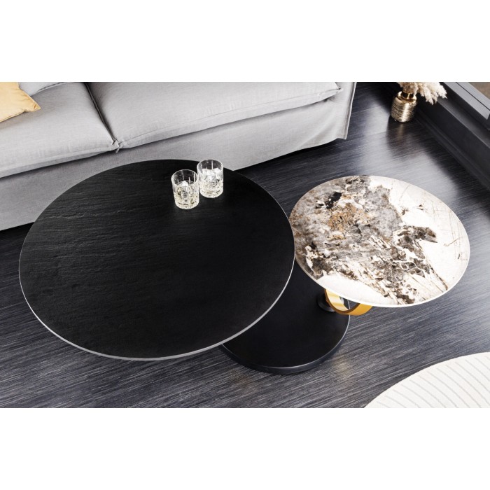 Table basse SOLYNE avec plateaux noir et marbre, anneaux dorés vue de haut