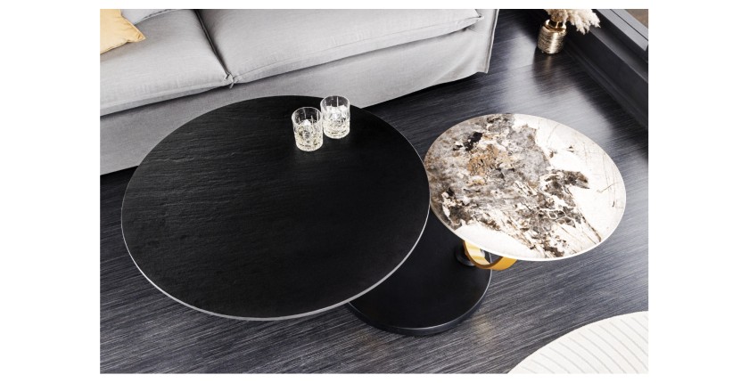Table basse SOLYNE avec plateaux noir et marbre, anneaux dorés vue de haut