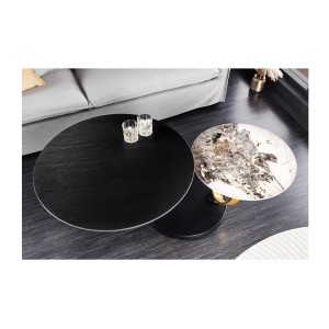 Table basse SOLYNE avec plateaux noir et marbre, anneaux dorés vue de haut