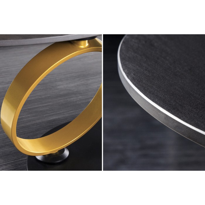 Zoom sur les détails de la table basse SOLYNE avec plateaux noir et marbre, anneaux dorés