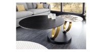 Table basse SOLYNE avec plateaux noir et marbre, anneaux dorés vue de face