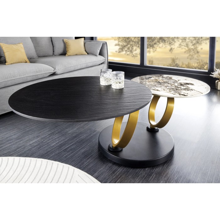 Table basse SOLYNE avec plateaux noir et marbre, anneaux dorés vue de face