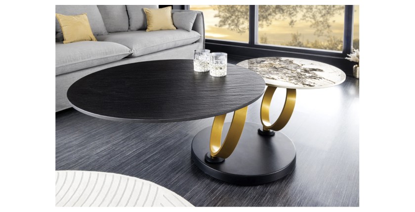 Table basse SOLYNE avec plateaux noir et marbre, anneaux dorés vue de face