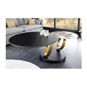 Table basse SOLYNE avec plateaux noir et marbre, anneaux dorés vue de face