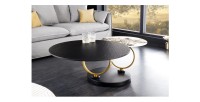 Table basse SOLYNE avec plateaux noir et marbre, anneaux dorés vue de face avec anneaux rapprochés