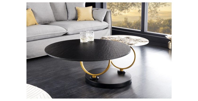 Table basse SOLYNE avec plateaux noir et marbre, anneaux dorés vue de face avec anneaux rapprochés