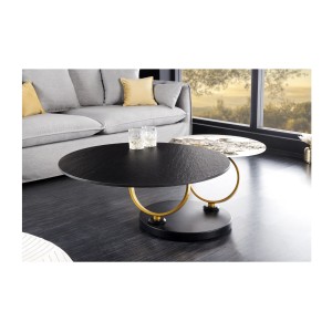Table basse SOLYNE avec plateaux noir et marbre, anneaux dorés vue de face avec anneaux rapprochés