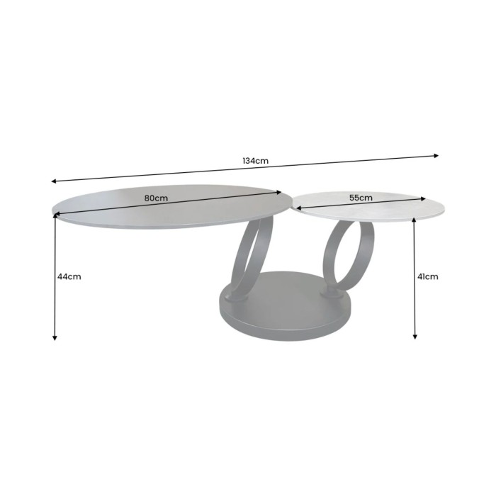 Table basse SOLYNE avec plateaux noir et marbre, anneaux dorés dimensions