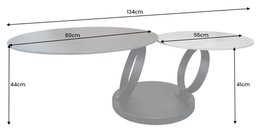 Table basse SOLYNE avec plateaux noir et marbre, anneaux dorés dimensions