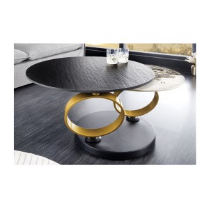 Table basse SOLYNE avec plateaux noir et marbre, anneaux dorés dans un décor 3D