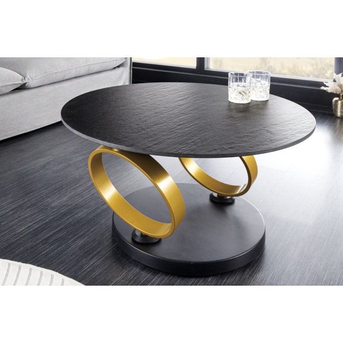 Table basse SOLYNE avec un seul plateau noir et anneaux dorés