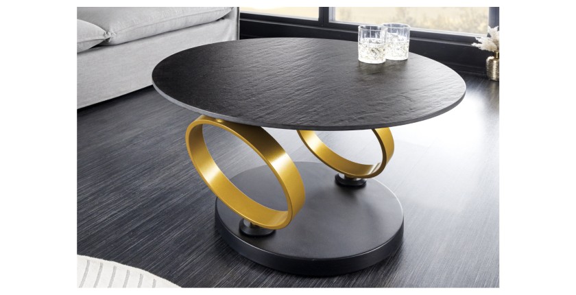 Table basse SOLYNE avec un seul plateau noir et anneaux dorés