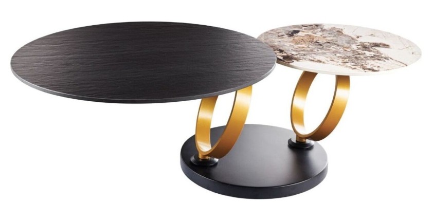 Table basse SOLYNE avec plateaux noir et marbre, anneaux dorés