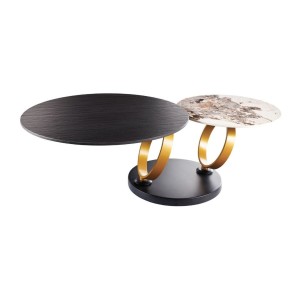 Table basse SOLYNE avec plateaux noir et marbre, anneaux dorés