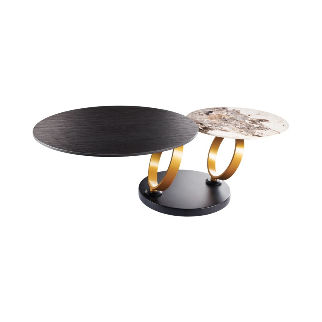 Table basse SOLYNE avec plateaux noir et marbre, anneaux dorés