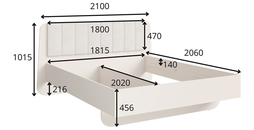 Bed 2-persoons AMALIE 180x200 cm - Gestoffeerd hoofdbord beige stof - Zacht design en afgeronde hoeken - Lattenbodem niet inbegr