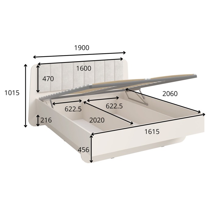 Bed met opbergruimte AMALIE 160x200 cm – Hoofdbord bekleed met beige stof – Lattenbodem inbegrepen – Matras niet inbegrepen