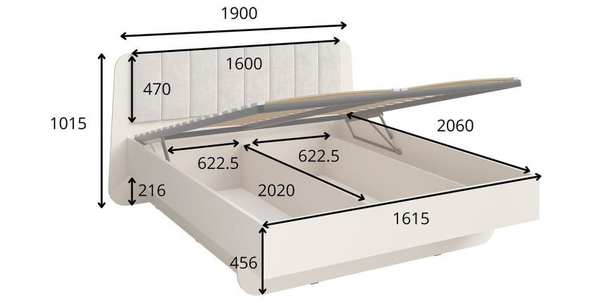 Bed met opbergruimte AMALIE 160x200 cm – Hoofdbord bekleed met beige stof – Lattenbodem inbegrepen – Matras niet inbegrepen