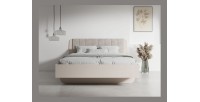 Letto contenitore AMALIE 180x200 cm – Testiera rivestita in tessuto beige – Rete inclusa – Materasso non incluso